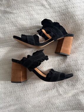 Free People Black Suede Ruffle Block Heel Sandals